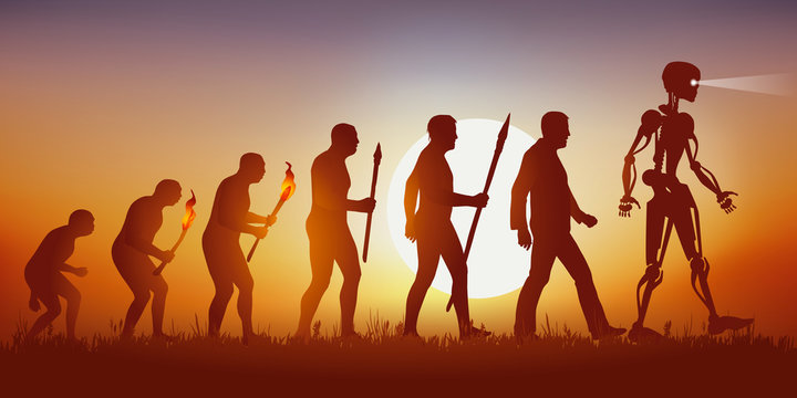 Concept of science fiction and artificial intelligence with the symbol of Darwin showing evolution from primitive man to modern man, up to android