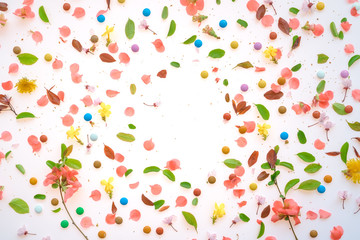 Colorful easter background with floral decoration top view