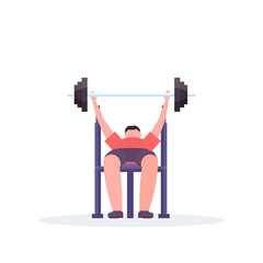 sporty man lying on bench lifting barbell with weights bodybuilder training in gym work out healthy lifestyle concept flat white background vector illustration