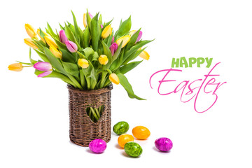Happy Easter. Congratulation. Postcard. Easter. Multicolored tulips and eggs. Isolate on white background