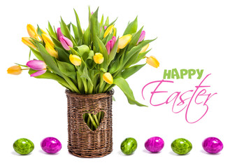 Happy Easter. Congratulation. Postcard. Easter. Multicolored tulips and eggs. Isolate on white background