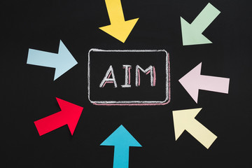 Ambitious plans. Successful strategy development. Colorful arrows pointing at aim word. Business career aspiration.