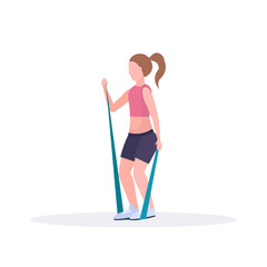 sporty woman doing exercises with resistance band girl training in gym stretching workout healthy lifestyle concept flat white background