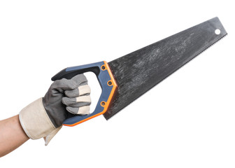 Close up view of Worker Man Hand holding Saw. Male Hand wearing Working Glove with Tools. Human hand, isolated on white background.