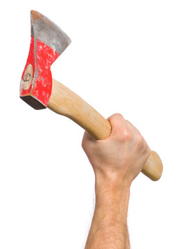 Axe with wooden handle. Close up view of Man Hand holding old Ax, isolated on white background.