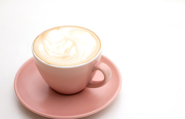 Hot coffee of latte art on cup on white background.