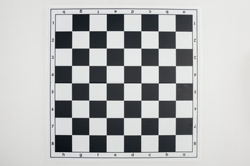top view of empty  black and white chessboard on white background