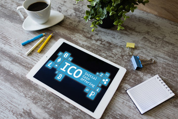 ICO - initial coin offering. Cryptocurrency, Blockchain. Fintech, modern financial technology...