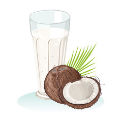 Coconut milk in a glass isolated on white background. Vector illustration of a whole coconut, half and leaf in cartoon simple flat style.