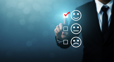 Businessmen choose to rating score happy icons. Customer service experience and business...