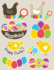 Color easter stickers with eggs, hen, nest and chicken. Holiday Easter Eggs decorated with flowers and leafs. Print design, label, sticker, scrap booking, stamp, vector illustration