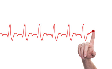 Heart pulse, one line with hand, cardiogram. Concept on white background