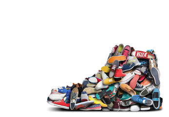 Big sneaker made up of different sneakers  - obrazy, fototapety, plakaty