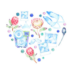 hand drawn watercolor composition in the form of a heart consisting of a vintage camera, photos, props for photos, wedding shoes and flowers Proteus.