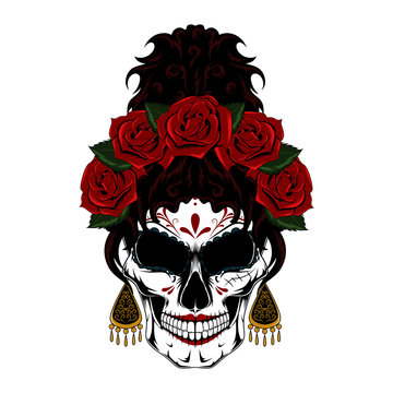 Mexican female skull with a wreath of roses and earrings. Color vector image on a white background.