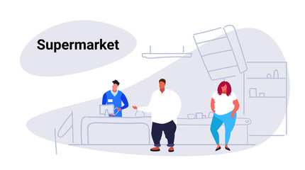 overweight man woman customers standing in line at cash desk with cashier shopping concept grocery shop supermarket interior sketch doodle horizontal