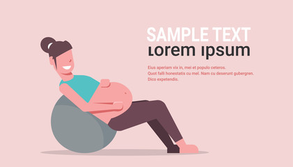 pregnant woman sitting on gymnastic ball girl exercises with fitball working out fitness pregnancy healthy lifestyle concept female character full length horizontal copy space