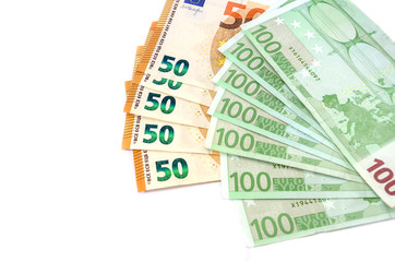 banknotes of one hundred and fifty euros on a white background