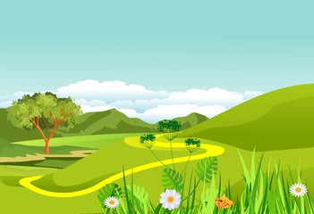 Countryside landscape, green hills and meadows, nature scene