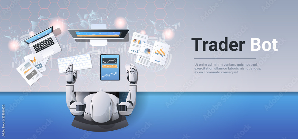 Aufkleber robot looking at graphs indexes financial data on computer monitor trading stocks online trader bot 