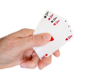 A man holds playing cards