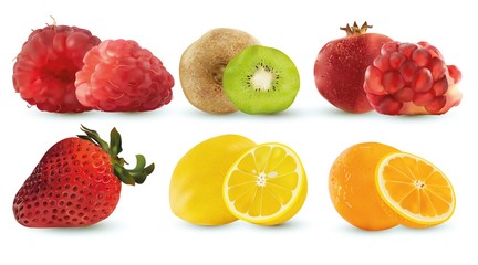Set of raspberry, kiwi, pormegranate, strawberry, lemon and orange. Set, group or collection of six fruis. Raw fruit. Concept good nutrition, healthy food and lifestyle, Vector illustration
