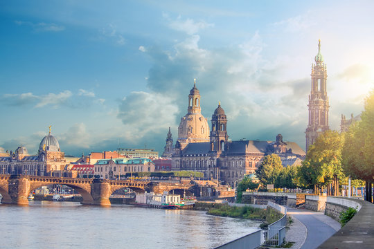 Cityscape Of Dresden At Elbe River And Augustus Bridge, Dresden, Saxony, Germany
