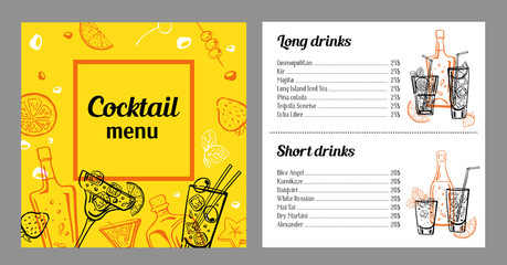 Cocktail menu design template with list of drinks. Vector outline colorful vintage hand drawn illustration with bottles and glasses