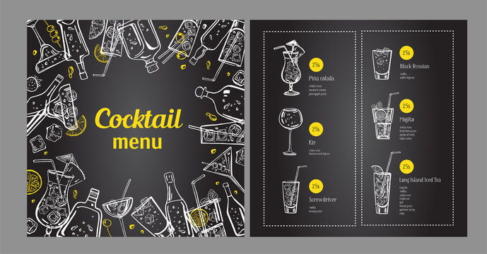 Cocktail menu design template and drink list. Vector outline hand drawn illustration with bottles and glasses on blackboard background