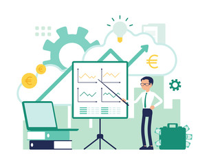 Presentation at board with man. Young businessman showing business results, demonstration, introduction, lecture, or speech, information with graphs. Vector abstract illustration, faceless characters