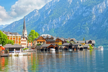 Hallstatt village in Alps of Austria. Popular tourist destination.