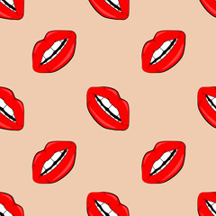 Cosmetics and makeup lips seamless pattern. beautiful lips of woman with red lipstick and gloss. Sexy vector lip backgrounds. cartoon style