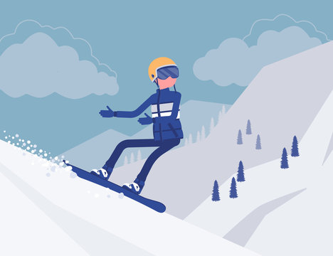 Active sporty man riding on snowboard, enjoy winter outdoor fun on ski resort with beautiful snowy nature and mountain view, wintertime tourism and recreation. Vector illustration, faceless characters