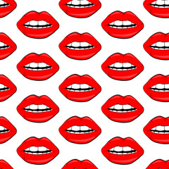 Fototapeta na wymiar Cosmetics and makeup lips seamless pattern. beautiful lips of woman with red lipstick and gloss. Sexy vector lip backgrounds. cartoon style