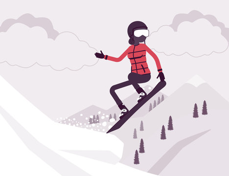 Active sporty woman riding snowboard, jumping, enjoys winter outdoor fun on ski resort with snowy nature and mountain view, wintertime tourism and recreation. Vector illustration, faceless characters