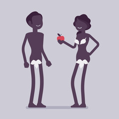 Adam and Eve, Bible first man and woman. Creation myth people with forbidden tree fruit, apple, naked couple, male fall and mankind sin. Vector illustration and faceless characters