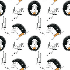 Vector Seamless pattern with cartoon hedgehog does yoga against a desert background with cacti and lizards. Healthy lifestyle concept. Use for postcards, print for t-shirts, posters, textile.