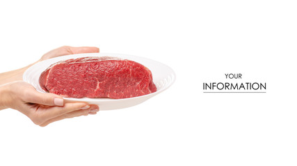 Beef meat on a plate in hand pattern on a white background. Isolation