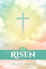 Christian religious design for Easter celebration. Rectangular vertical vector banner with text: He is risen, shining Cross and heaven with white clouds.