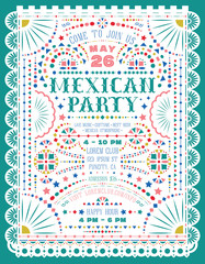 Mexican party announce poster template with paper cut elements. - 258925326