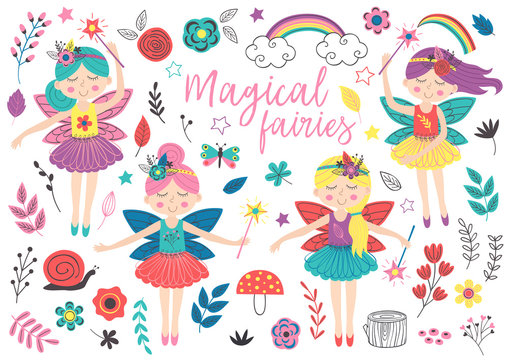 set of isolated magical fairies and other elements - vector illustration, eps