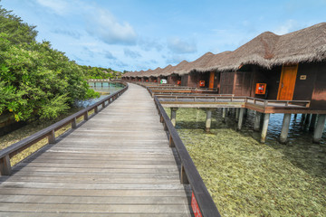 Fototapeta na wymiar Amazing island in the Maldives ,water villa ,wooden bridge and beautiful turquoise waters with blue sky background for holiday vacation .