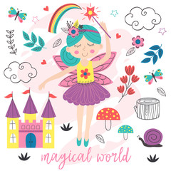 poster magical world with fairy - vector illustration, eps