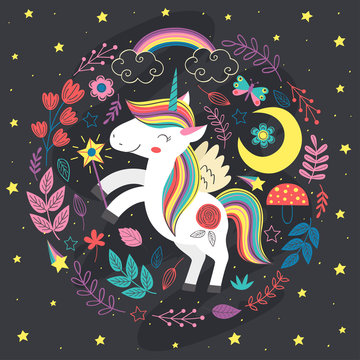 poster with magic night unicorn - vector illustration, eps