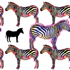 Seamless pattern with zebras. Multicolored horses, striped zebra. Pop Art. Stylish colorful background. Summer print. Figured markers.
