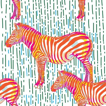 Seamless pattern with zebras. Multicolored horses, striped zebra. Pop Art. Stylish colorful background. Summer print. Figured markers.