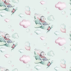 Foto op Plexiglas Dieren met ballon Hand tekenen vliegen schattige paashaas aquarel cartoon konijntjes met vliegtuig in de lucht textiel patroon. Turkoois aquarel textiel illustratie decoratie