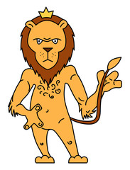 Cute lion holding his tail. Hand drawn vector illustration.