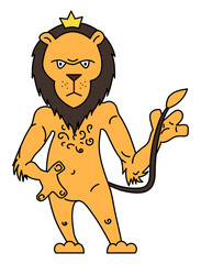 Cute lion holding his tail. Hand drawn vector illustration.