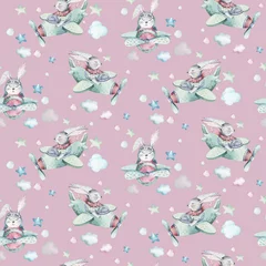 Fotobehang Dieren onderweg Hand tekenen vliegen schattige paashaas aquarel cartoon konijntjes met vliegtuig in de lucht textiel patroon. Turkoois aquarel textiel illustratie decoratie